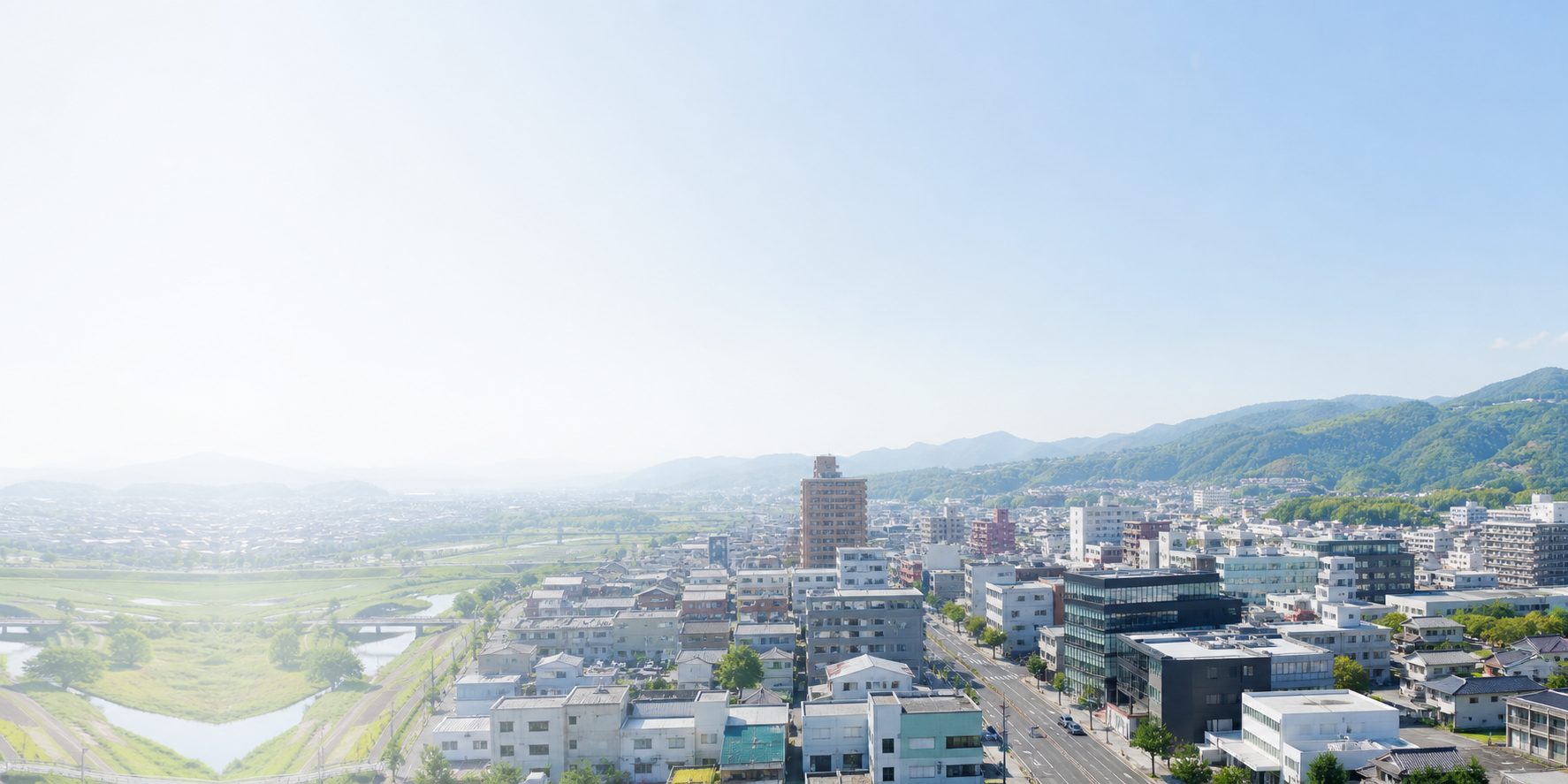 日本の地方都市の街並みと事業所